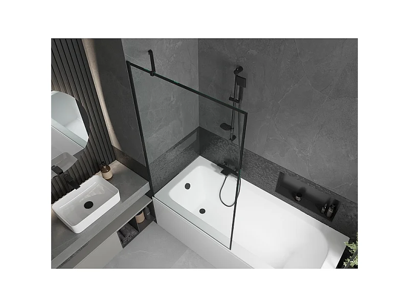 Mexen Vega baignoire rectangulaire 170 x 70 cm avec habillage et paroi de douche à 1 volet 100 cm, motif noir
