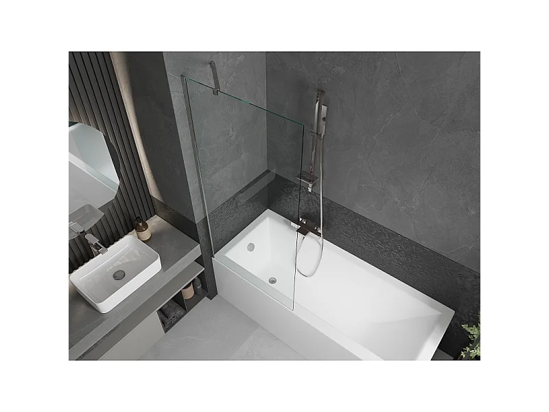 Mexen Cubik bañera rectangular 160 x 70 cm con panel de revestimiento y mampara de 1 hoja 80 cm, transparente, cromo