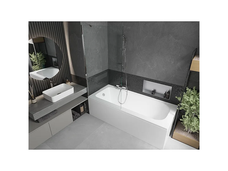 Mexen Vega bañera rectangular de 180 x 80 cm con revestimiento y mampara de 1 hoja de 90 cm, transparente, cromo