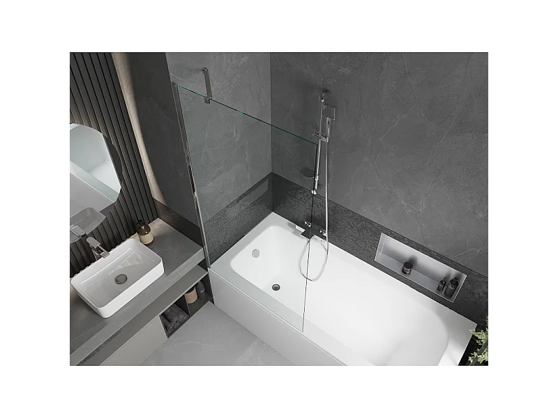 Mexen Vega bañera rectangular de 180 x 80 cm con revestimiento y mampara de 1 hoja de 90 cm, transparente, cromo