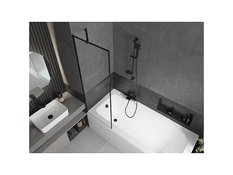 Mexen Vega baignoire rectangulaire 180 x 80 cm avec habillage et écran 1 vantail 60 cm, motif noir - 550118080X9506007070