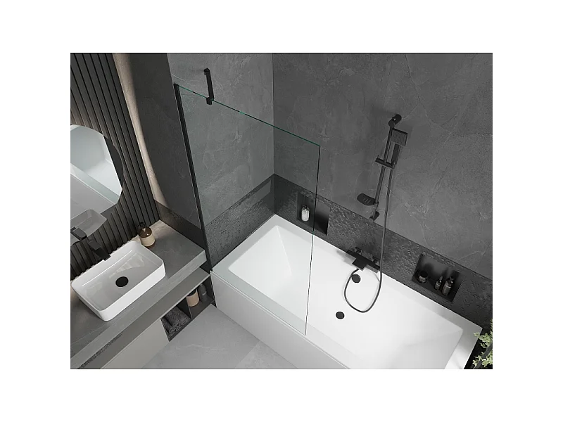 Mexen Cube vasca da bagno rettangolare 170 x 80 cm con pannello e paravento ad 1 anta 90 cm, trasparente, nero