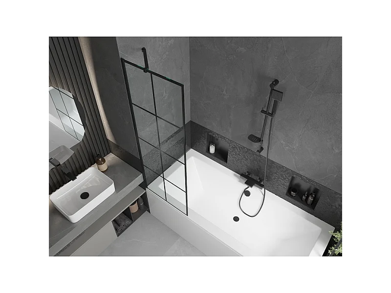 Mexen Cube rectangular bath 180 x 80 cm with enclosure and 1-wing screen 60 cm, black pattern - 550518080X9506007077
