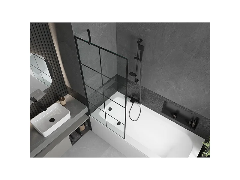Mexen Vega rectangular bath 170 x 70 cm with casing and 1-wing screen 80 cm, black pattern - 550117077X9508007077
