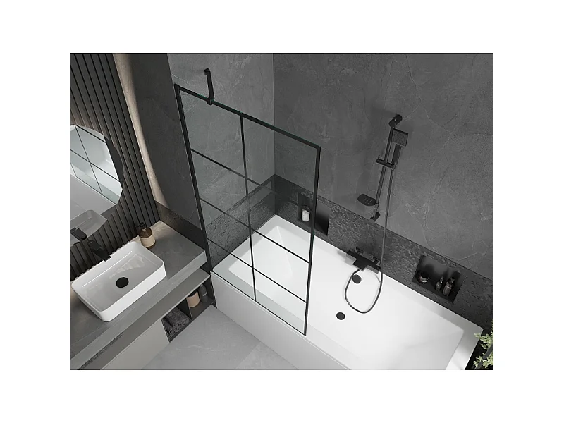 Mexen Cube Rechteckige Badewanne 180 x 80 cm mit Verkleidung und 1-flügeliger Duschabtrennung 90 cm, schwarzes Muster