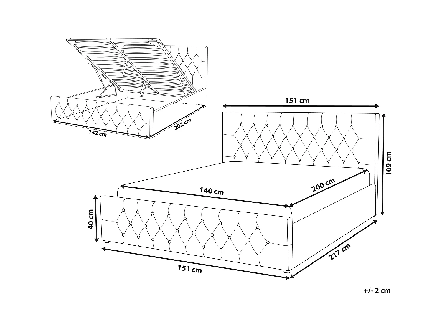 Lit ottoman Velours AMIENS 140 x 200 cm Beige clair