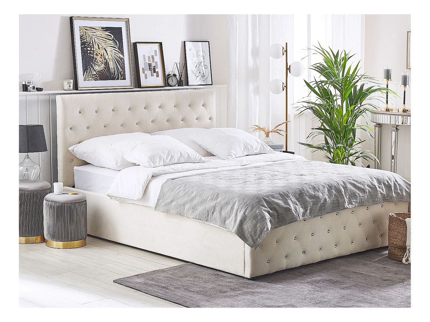 Lit ottoman Velours AMIENS 140 x 200 cm Beige clair