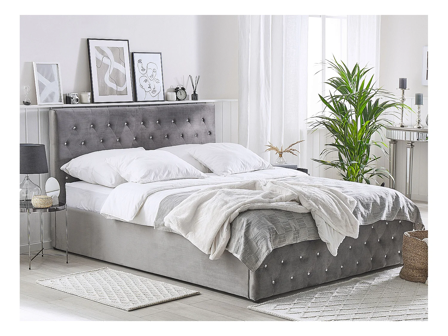 Cama con almacenaje Terciopelo AMIENS 160 x 200 cm Gris