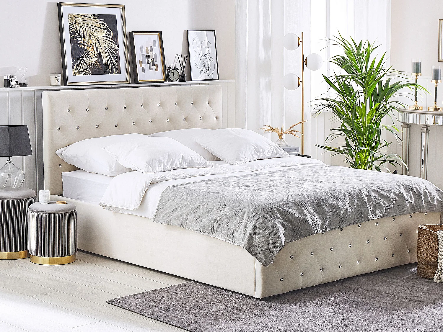 Lit ottoman Velours AMIENS 180 x 200 cm Beige clair