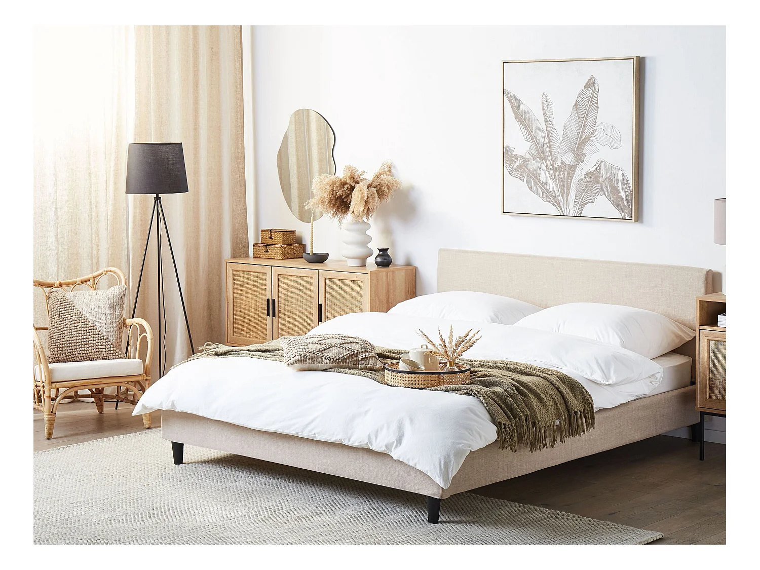 Lit avec sommier Tissu FITOU 160 x 200 cm Beige