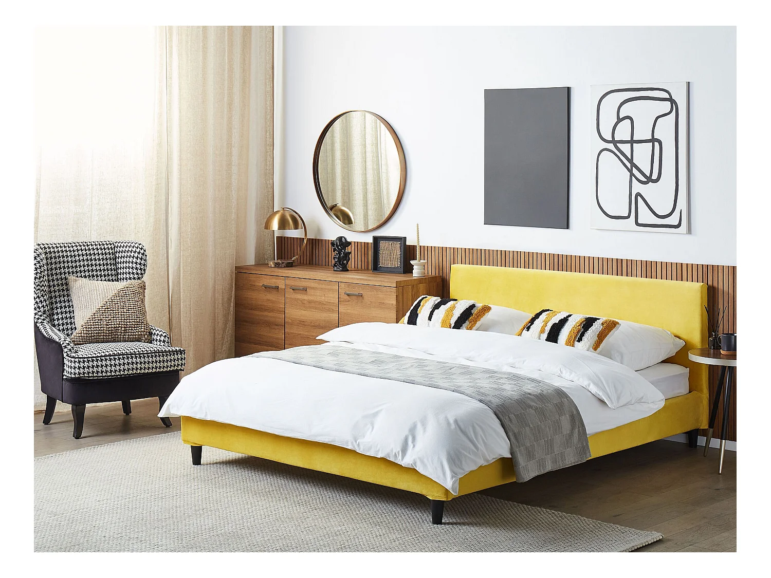Modernes Doppelbett abnehmbarer Polsterbezug 160 x 200 cm Samtstoff gelb Fitou