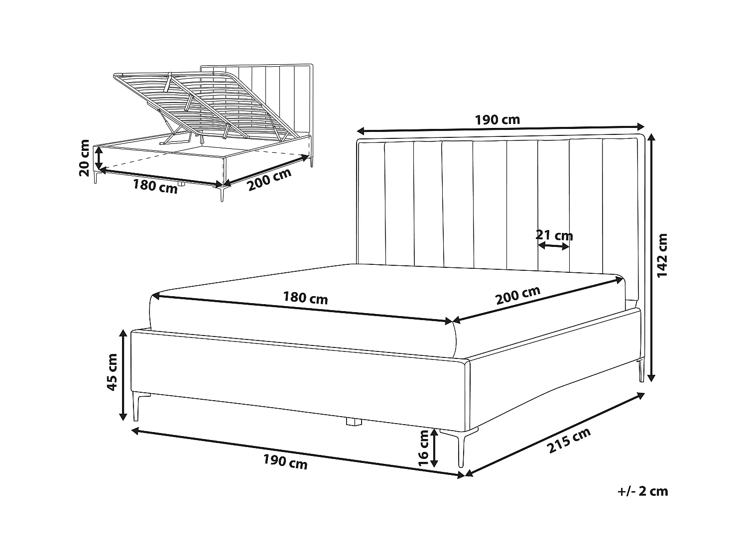 Cama con almacenaje Terciopelo SEZANNE 180 x 200 cm Gris claro