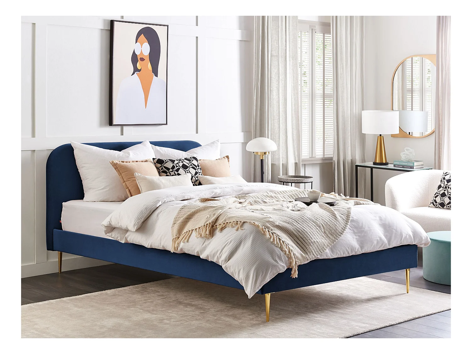 Polsterbett Samtstoff blau mit Lattenrost 180 x 200 cm Metallfüße gold Flayat