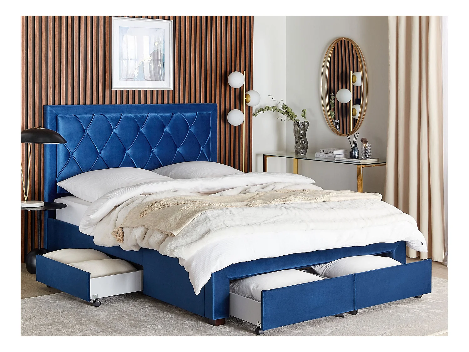 Lit avec tiroirs de rangement Velours LIEVIN 160 x 200 cm Bleu marine