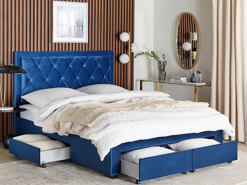Lit avec tiroirs de rangement Velours LIEVIN 160 x 200 cm Bleu marine