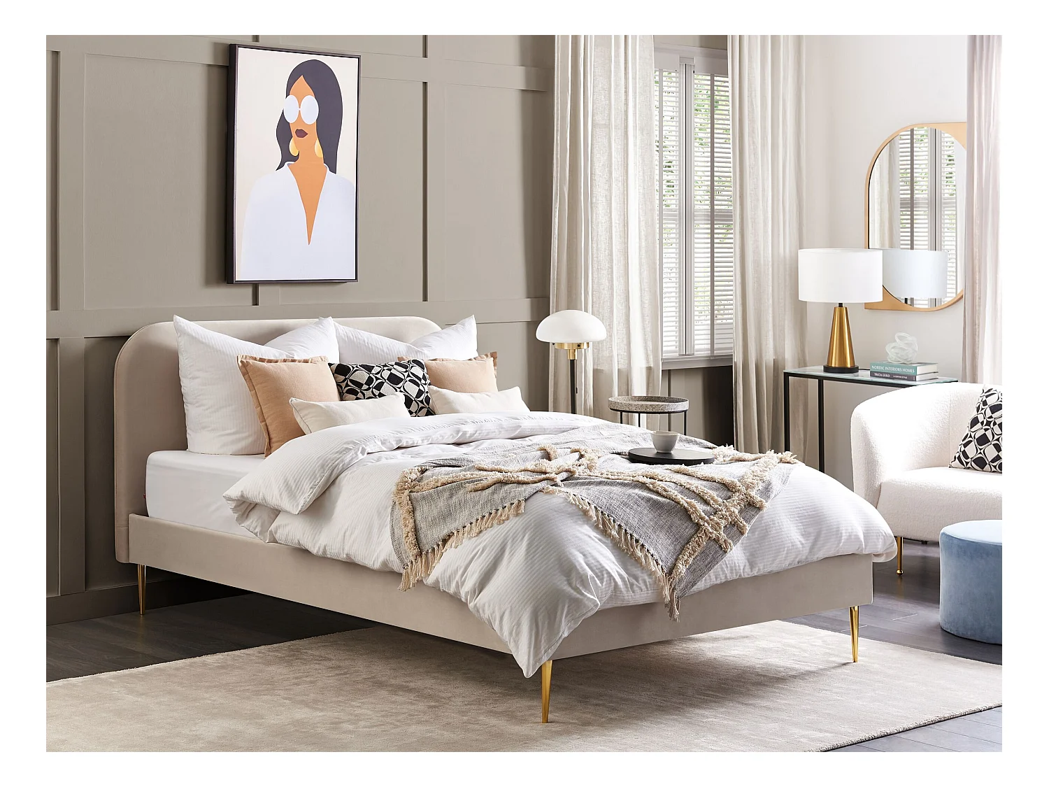 Bed Fluweel FLAYAT 160 x 200 cm Lichtbeige