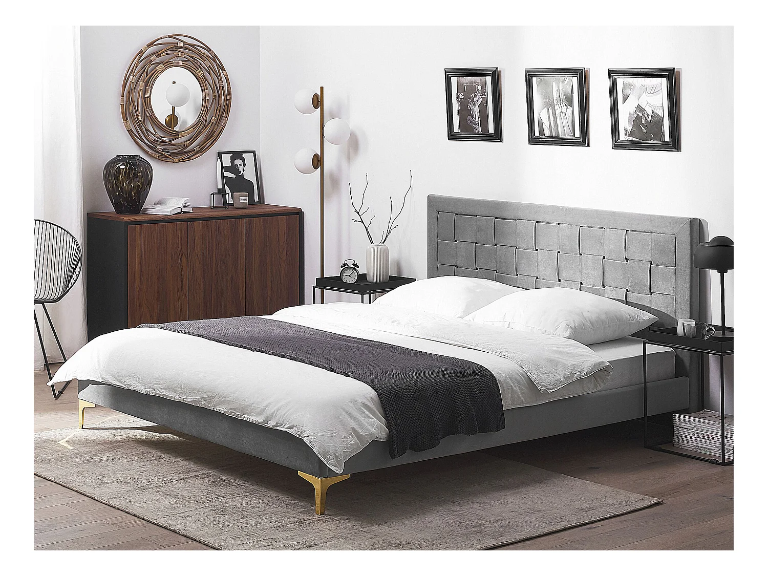 Luxuriöses Doppelbett aus Samtstoff in Grau mit Lattenrost 140 x 200 cm Limoux