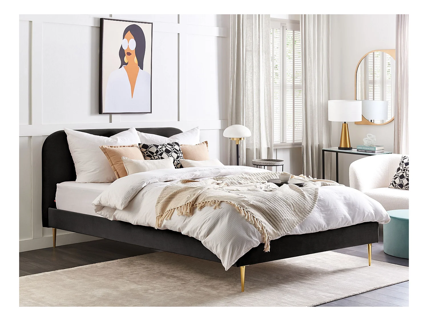 Polsterbett Samtstoff schwarz mit Lattenrost 180 x 200 cm Metallfüße gold Flayat