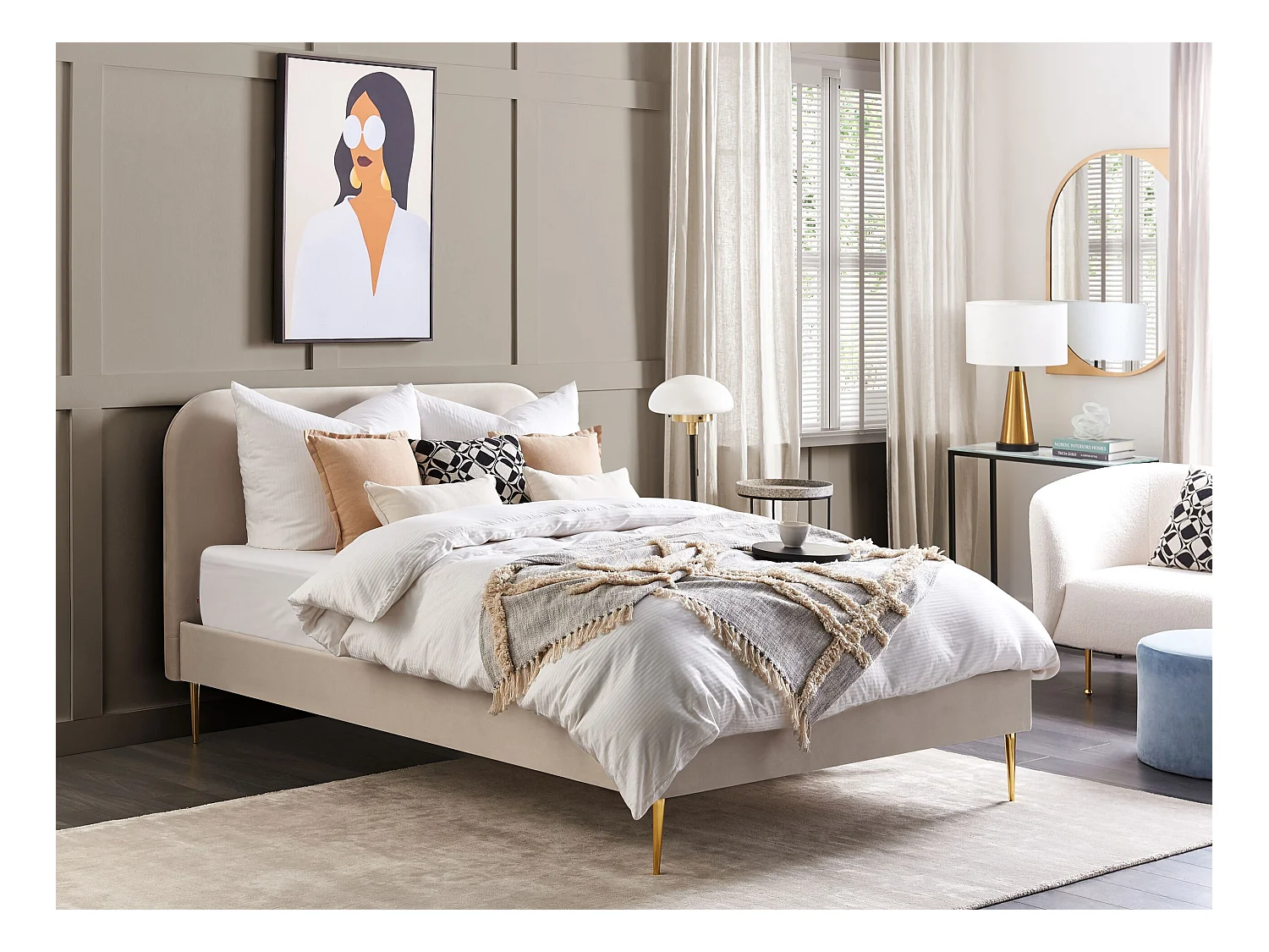 Lit avec sommier Velours FLAYAT 140 x 200 cm Beige clair