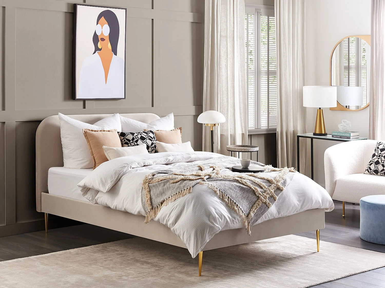 Lit avec sommier Velours FLAYAT 140 x 200 cm Beige clair