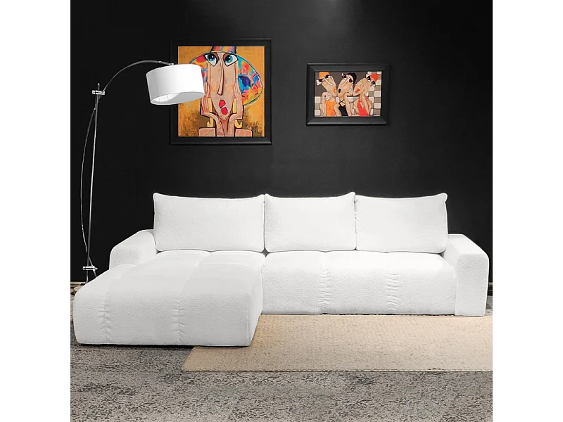 Canapé d'angle gauche convertible tissu bouclette blanc 304 cm - VOLT