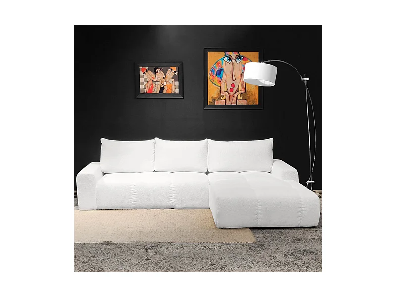 Canapé d'angle droit convertible tissu bouclette blanc 304 cm - VOLT