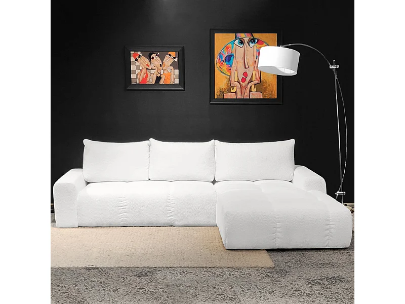 Canapé d'angle droit convertible tissu bouclette blanc 304 cm - VOLT