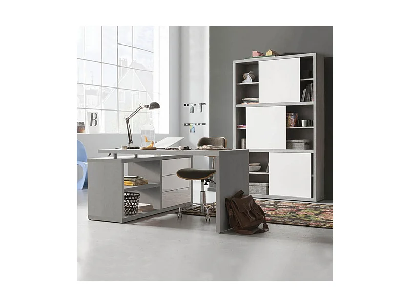 Bibliothèque H.195 cm décor béton texturé et blanc laqué - GRANIT