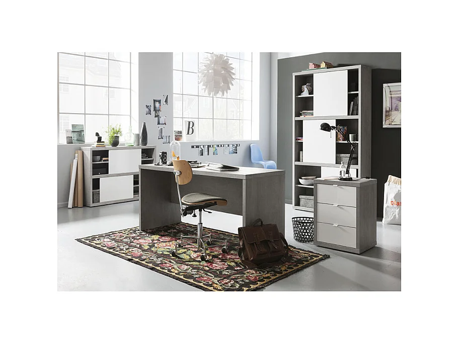 Bibliothèque H.195 cm décor béton texturé et blanc laqué - GRANIT