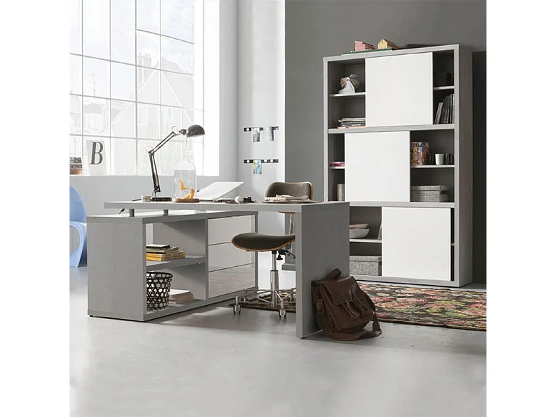 Bibliothèque H.195 cm décor béton texturé et blanc laqué - GRANIT