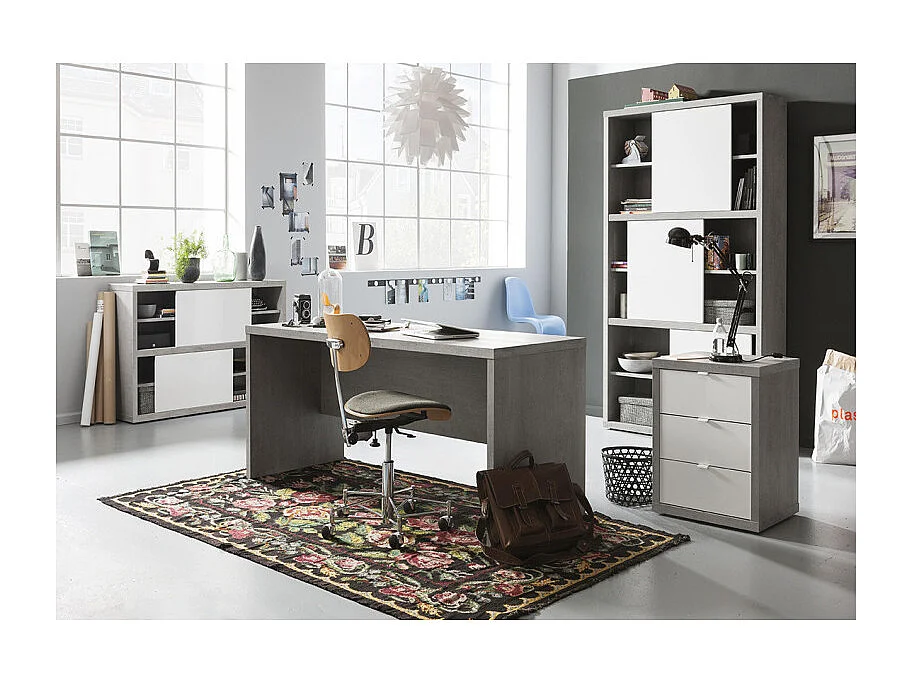 Bibliothèque H.195 cm décor béton texturé et blanc laqué - GRANIT