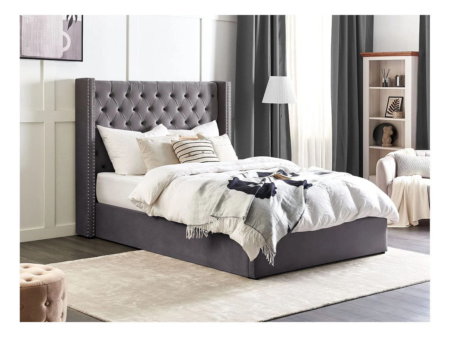 Cama con almacenaje Terciopelo LUBBON 140 x 200 cm Gris