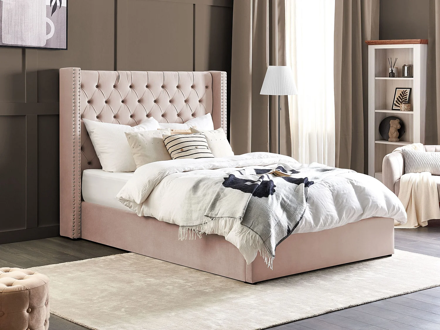 Cama con almacenaje Terciopelo LUBBON 140 x 200 cm Rosa pastel Rosa