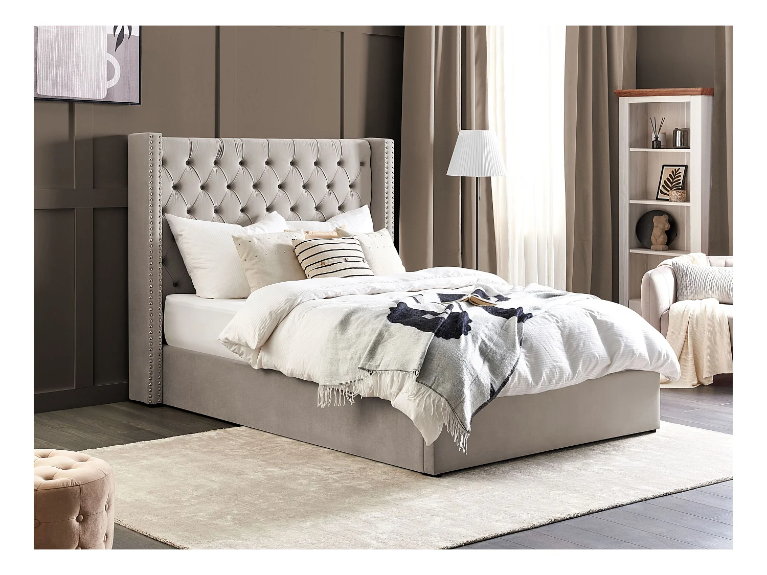 Lit ottoman Velours LUBBON 140 x 200 cm Gris clair