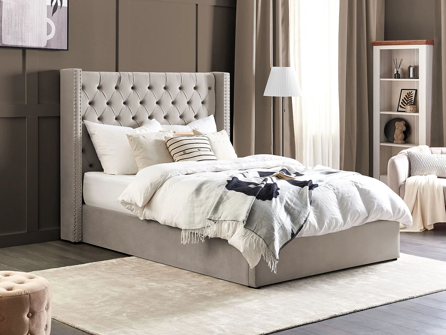 Cama con almacenaje Terciopelo LUBBON 140 x 200 cm Gris claro
