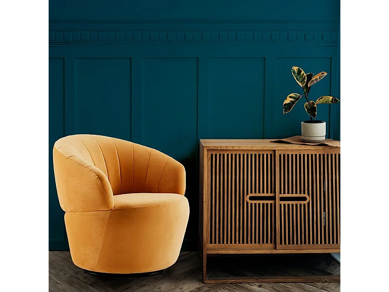 Fauteuil rond pivotant 360° velours jaune moutarde moderne - COROLLA