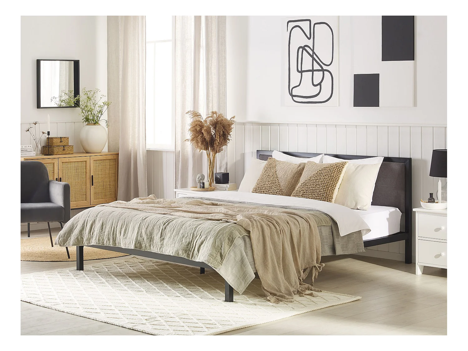 Trendy schwarzes Metallbett graues Kopfteil Lattenrost 180x200 cm Clamart