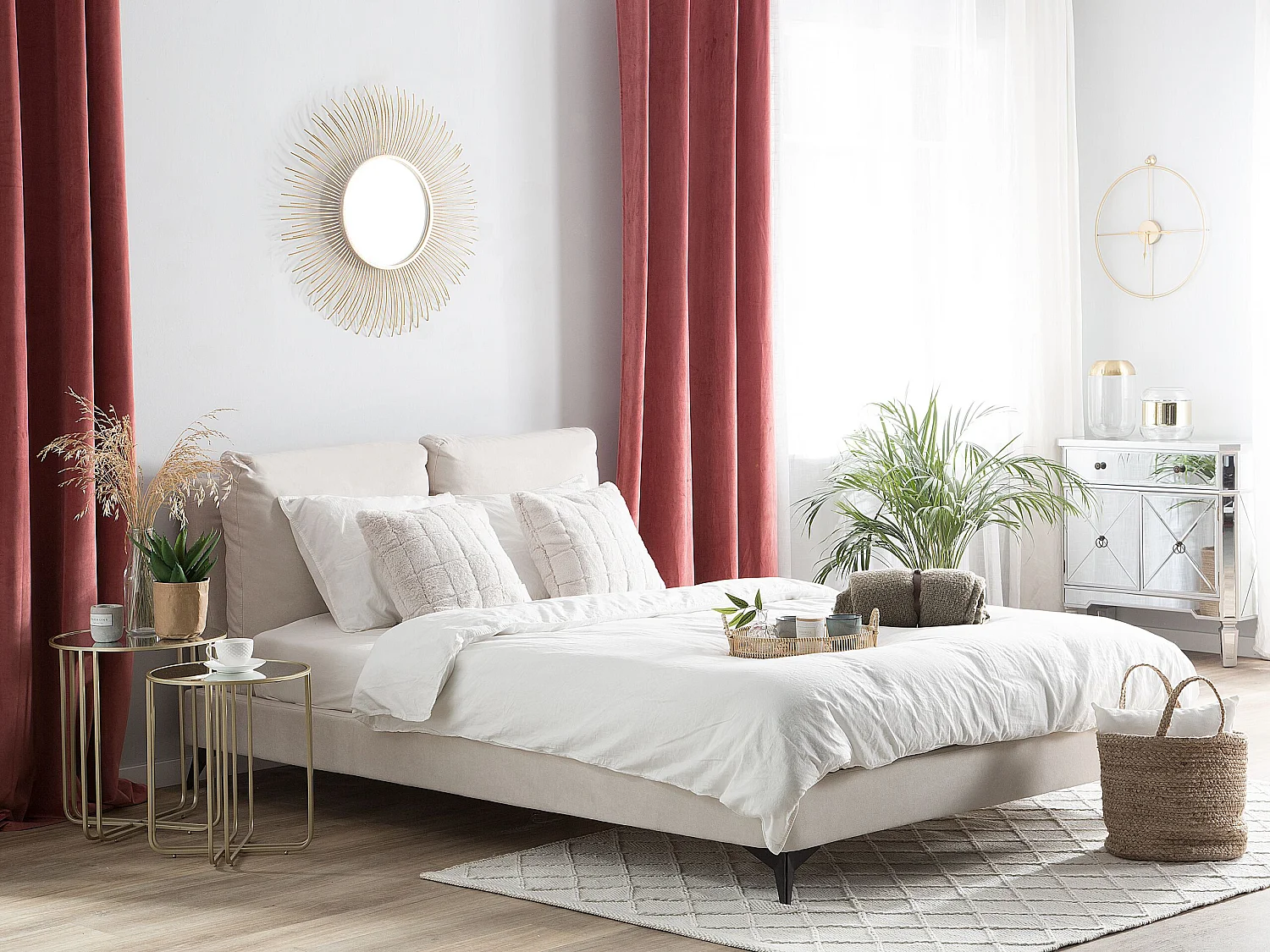 Lit avec sommier Tissu chenille MELLE 180 x 200 cm Beige clair