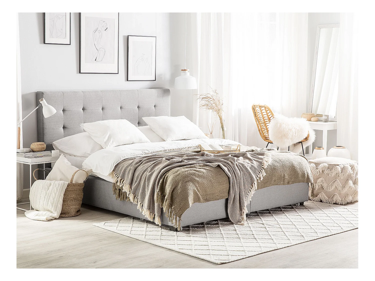 Cama com gavetas de arrumação Tecido ROCHELLE 180 x 200 cm Cinzento claro