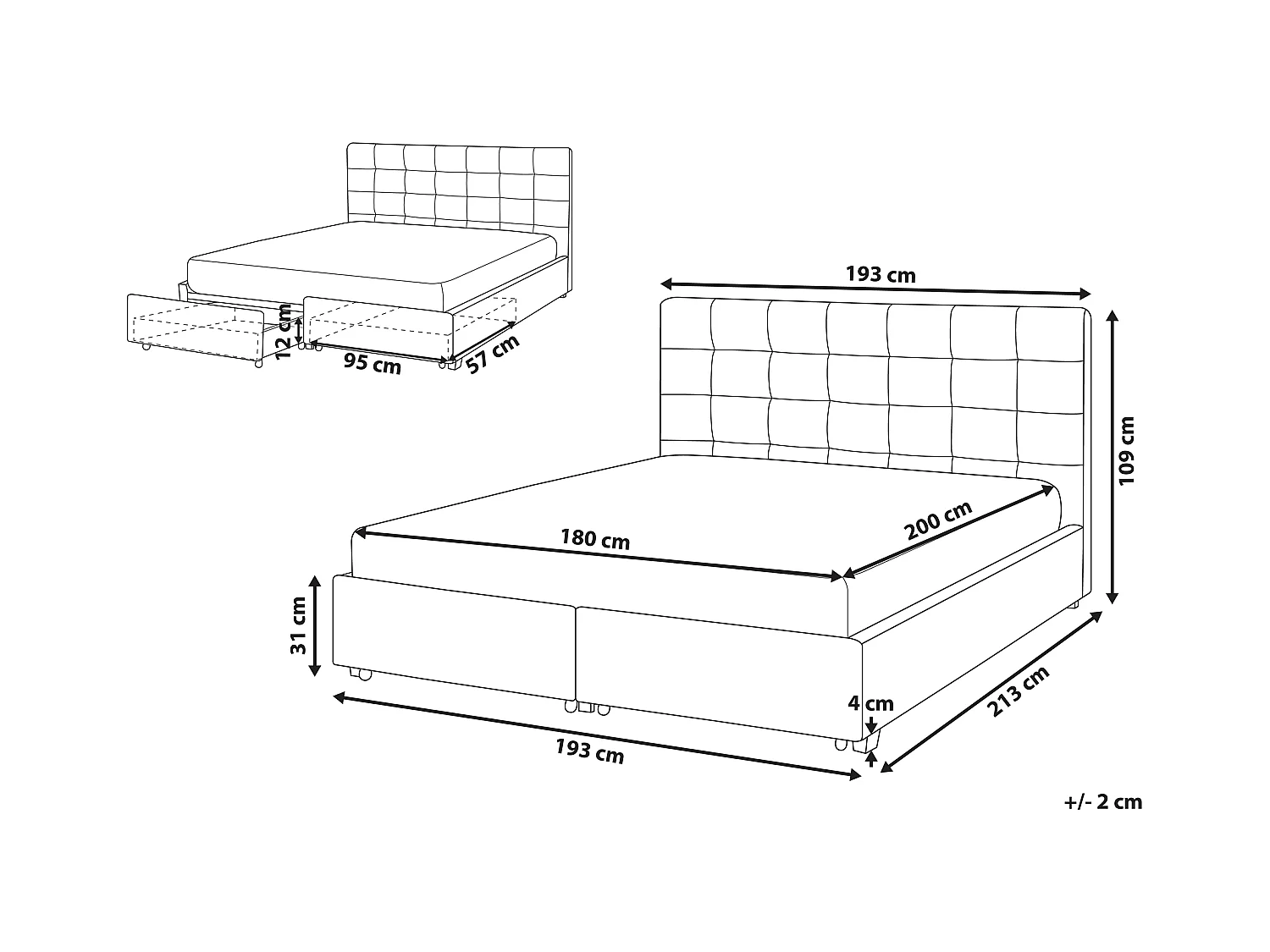 Cama com gavetas de arrumação Tecido ROCHELLE 180 x 200 cm Cinzento claro