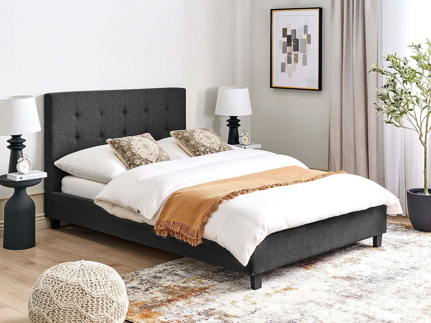 Lit avec sommier Tissu LA ROCHELLE 140 x 200 cm Gris foncé