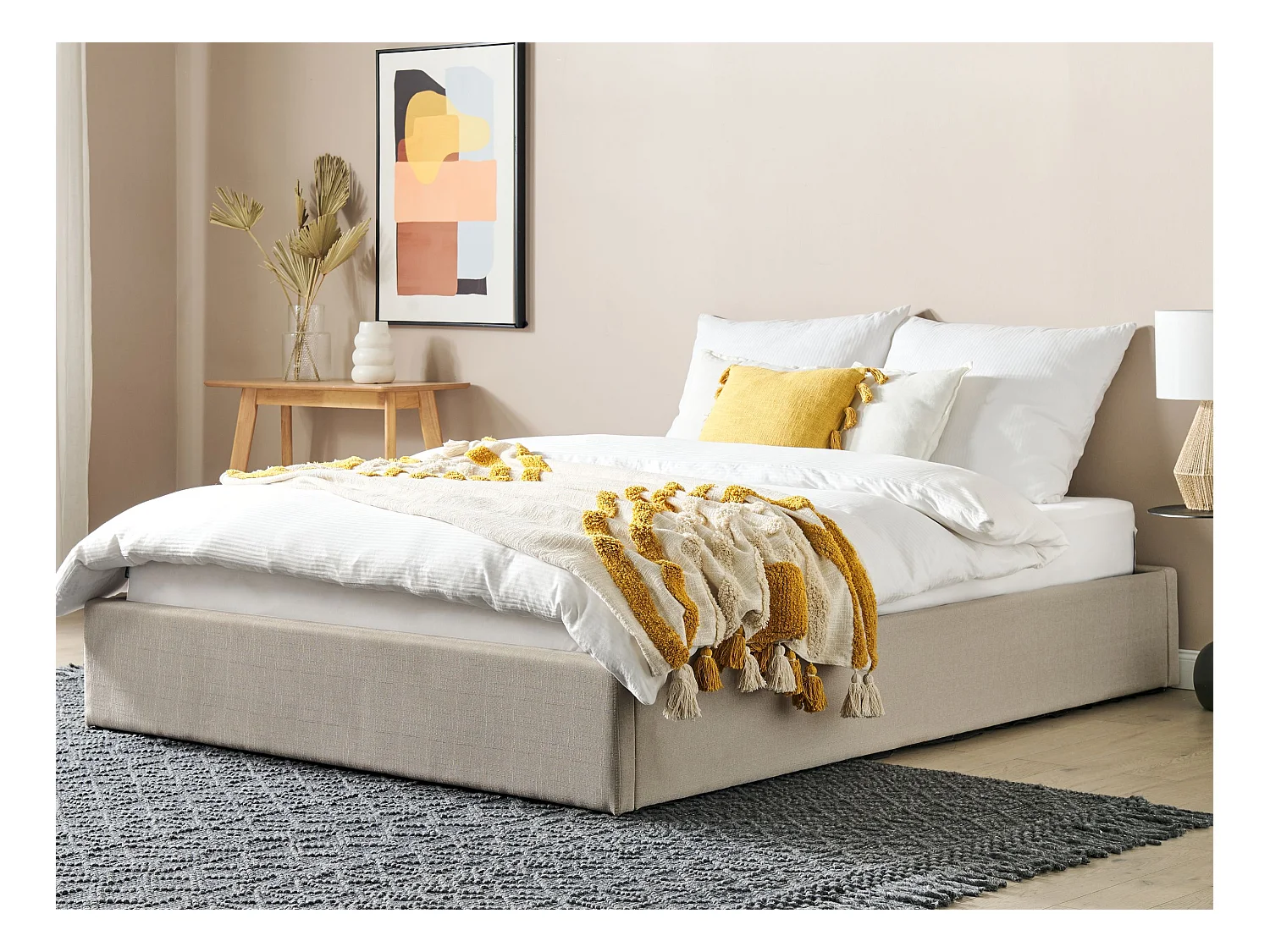 Lit ottoman sans tête de lit Tissu DINAN 160 x 200 cm Marron clair