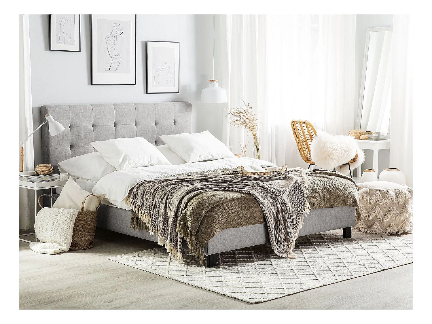 Cama Tecido ROCHELLE 180 x 200 cm Cinzento claro