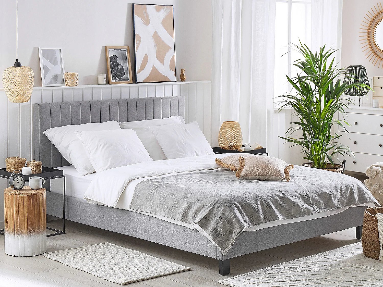Lit avec sommier Tissu POITIERS 140 x 200 cm Gris clair