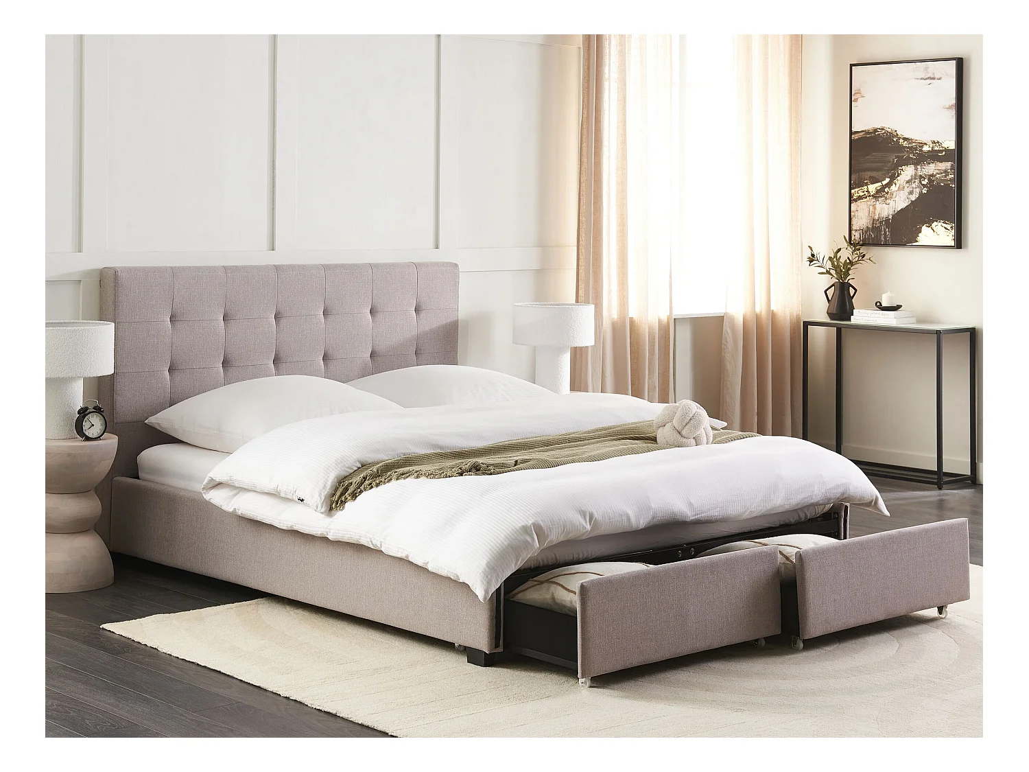 Lit avec tiroirs de rangement Tissu LA ROCHELLE 160 x 200 cm Gris clair