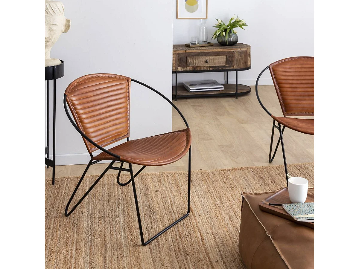 Fauteuil en cuir marron et métal Jaya