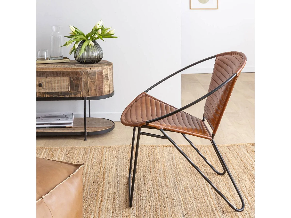 Fauteuil en cuir marron et métal Jaya