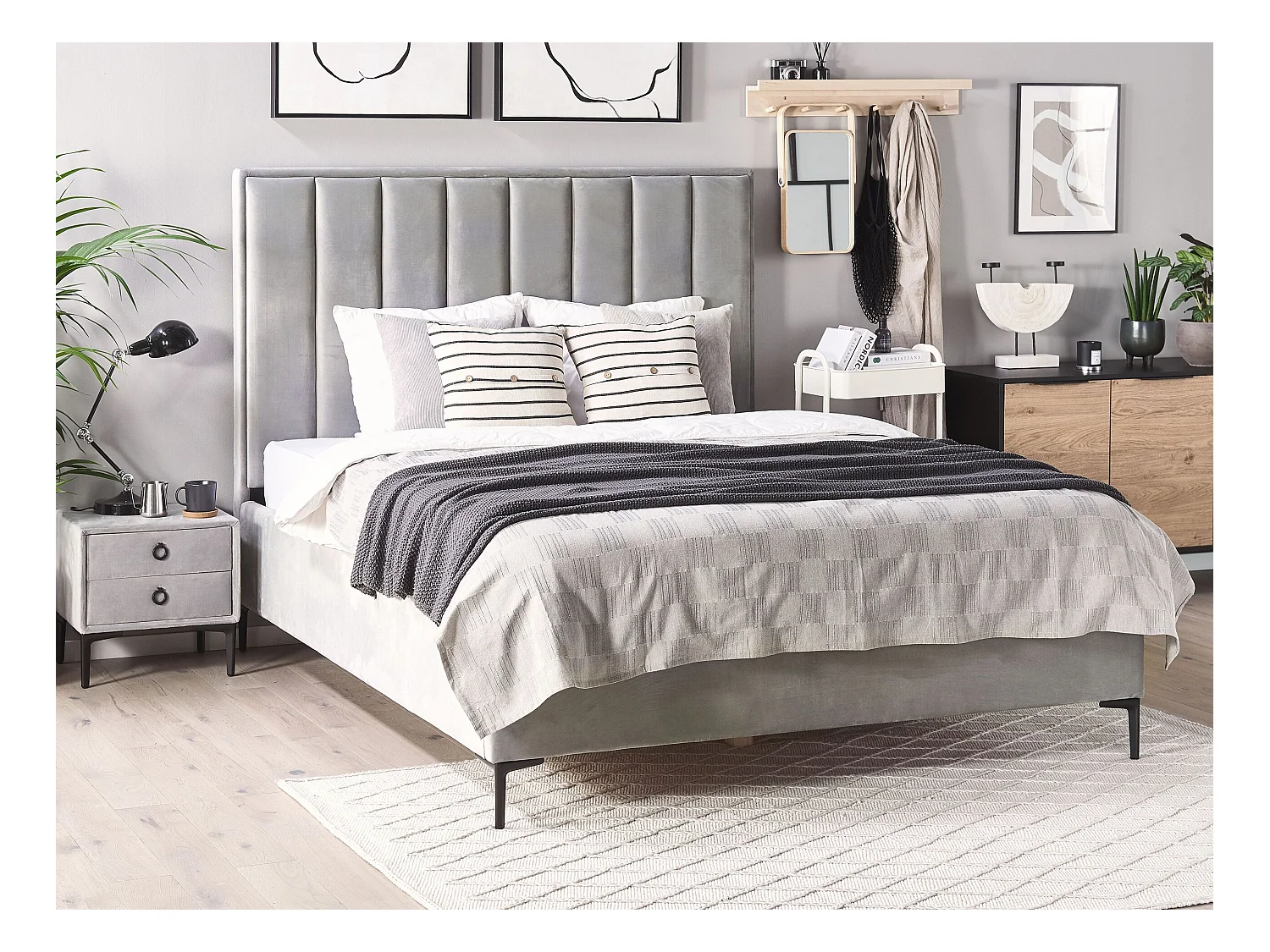 Schlafzimmer Set Bett grau mit Nachttisch Lattenrost 160x200 cm Sezanne