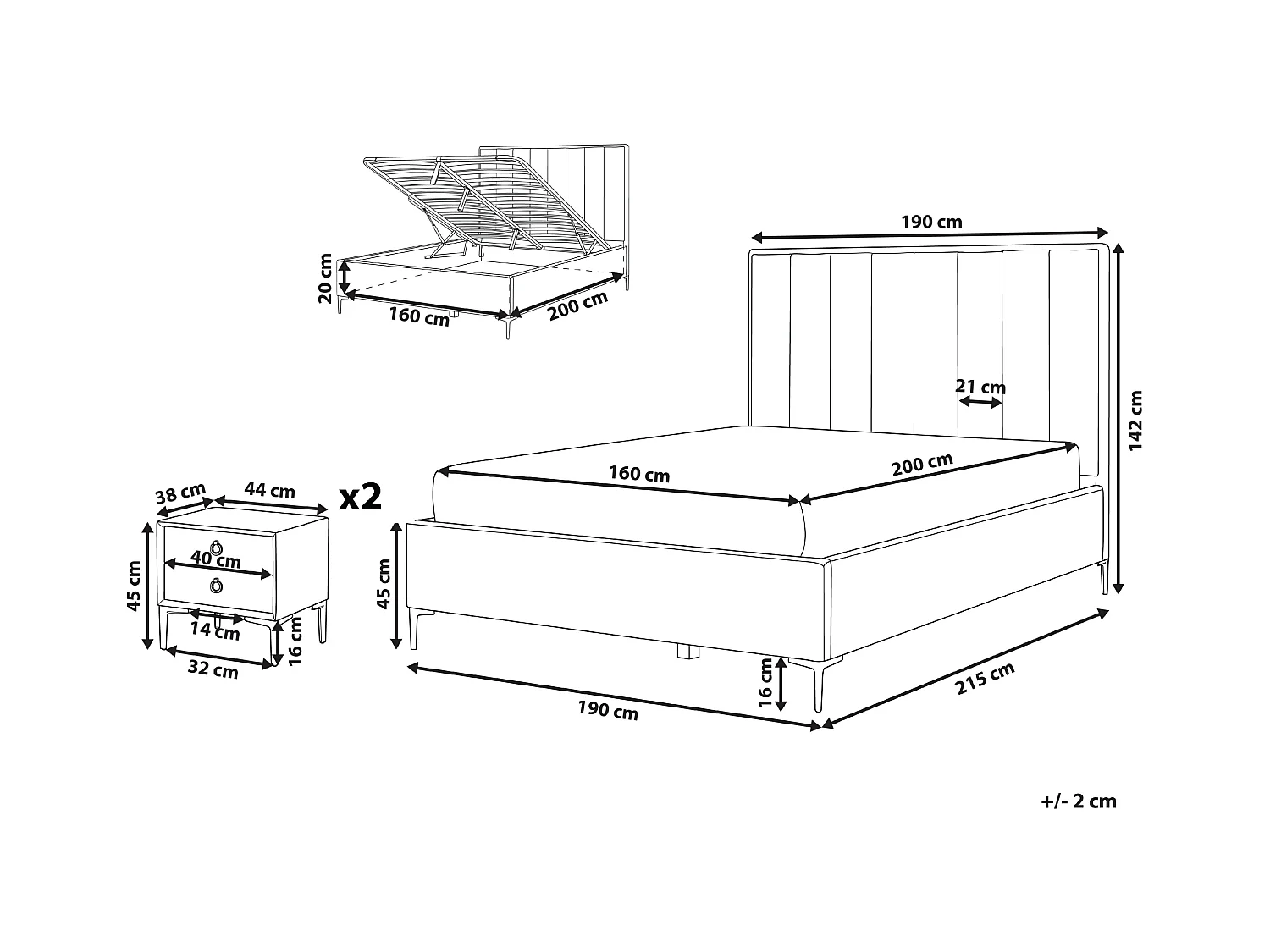 Schlafzimmer Set Bett grau mit Nachttisch Lattenrost 160x200 cm Sezanne