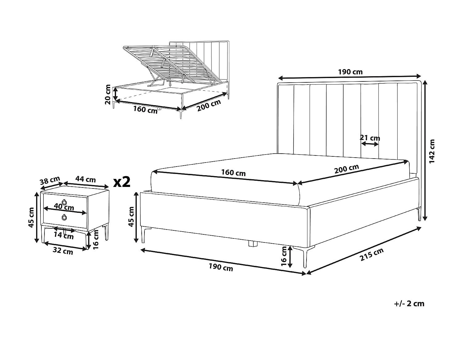 Schlafzimmer Set Bett grau mit Nachttisch Lattenrost 160x200 cm Sezanne